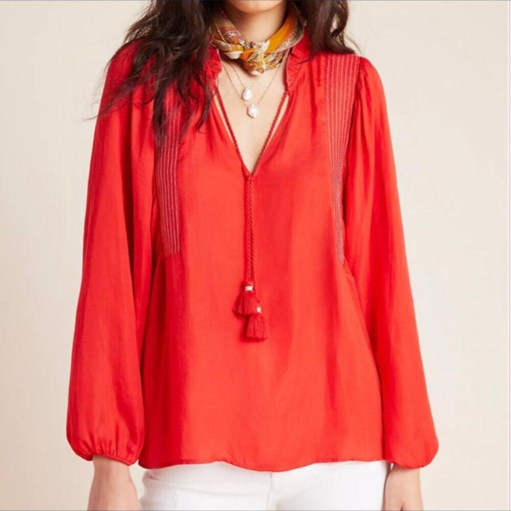 Anthropologie Red Tassel V-Neck Peasant Blouse